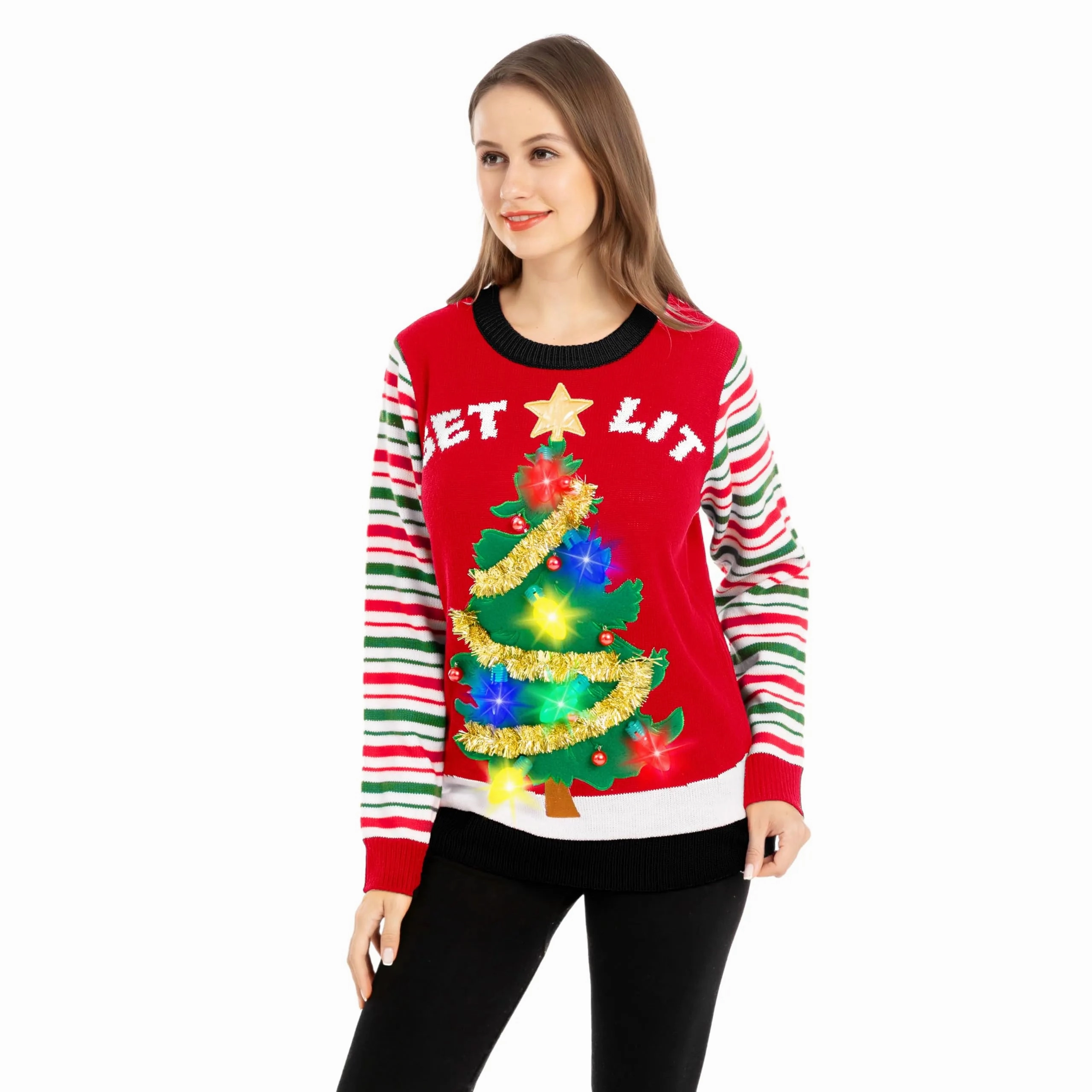 Womens LED Light Up Get Lit Christmas Tree Ugly Christmas Sweater Haunted Accents Scary Treats