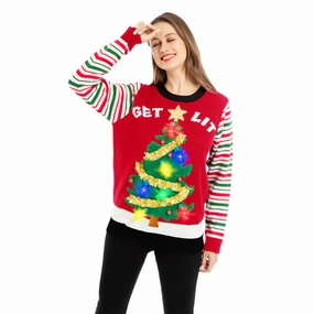 Scary Accents Womens LED Light Up Get Lit Christmas Tree Ugly Christmas Sweater