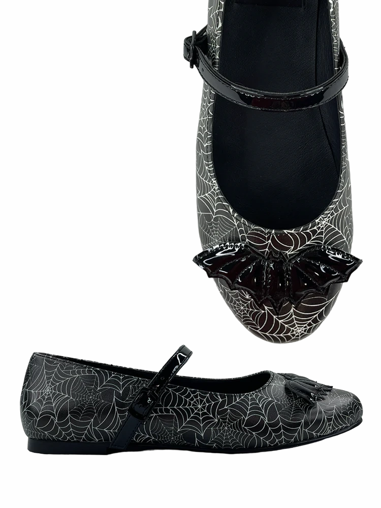 Elastic Collar Mary Jane Bat Spiderweb Flats