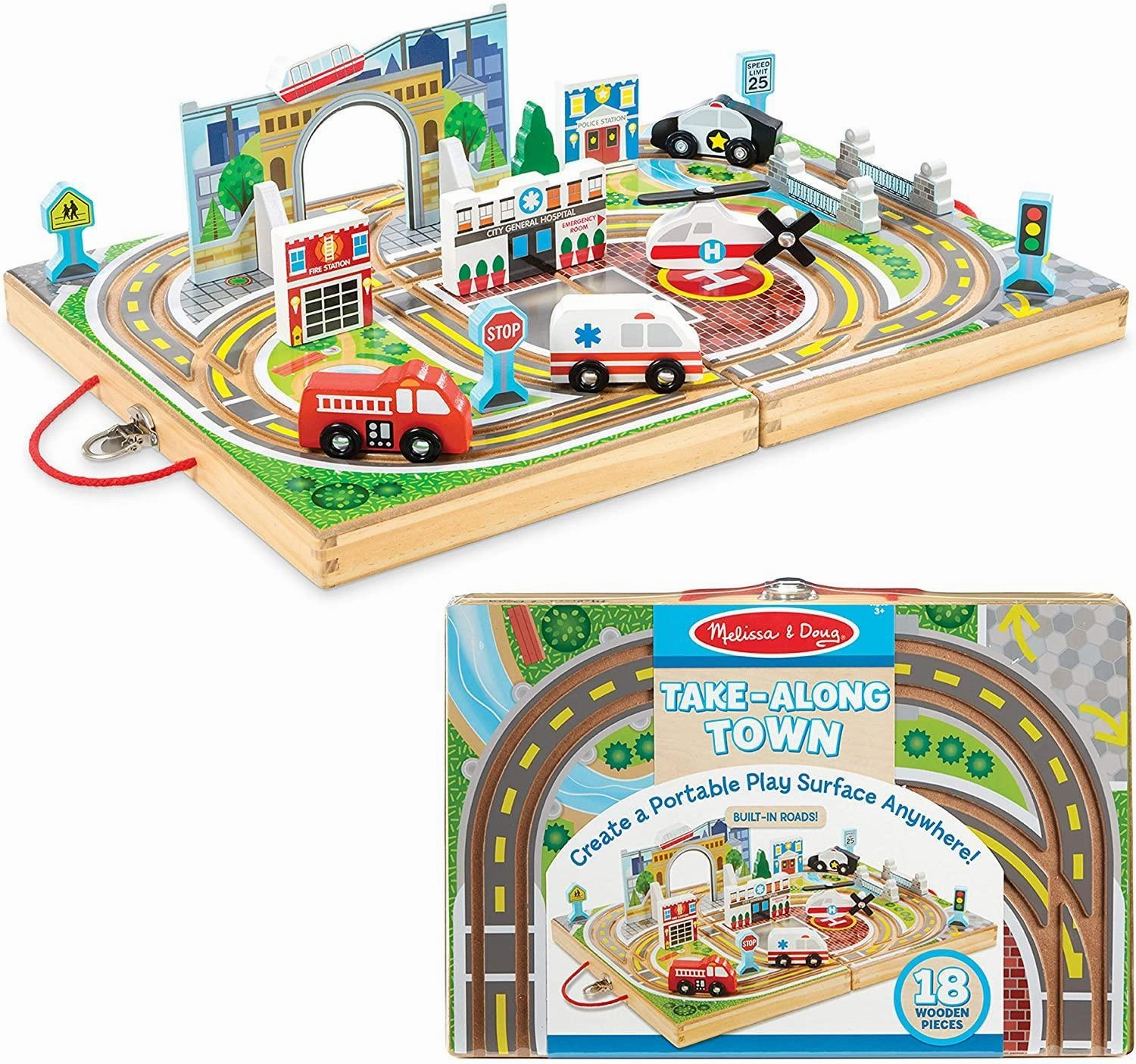 Surround Support Progressive Values Melissa & Doug 40141 Wooden Take-Along Tabletop Town 18-Piece