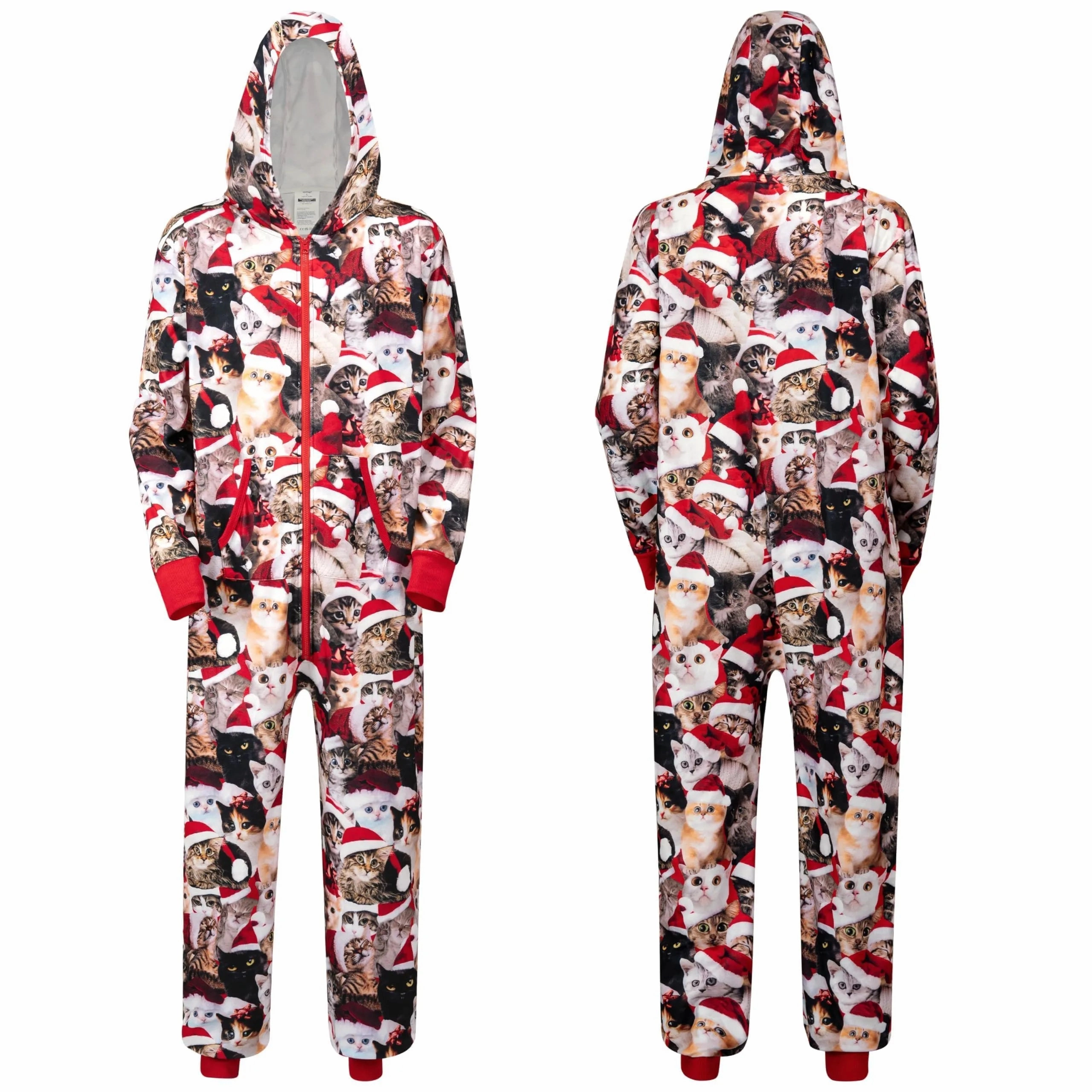 Men Cute Cat Print Christmas Hooded Pajamas, Adults Christmas Pajamas Outfits Mystical Treats
