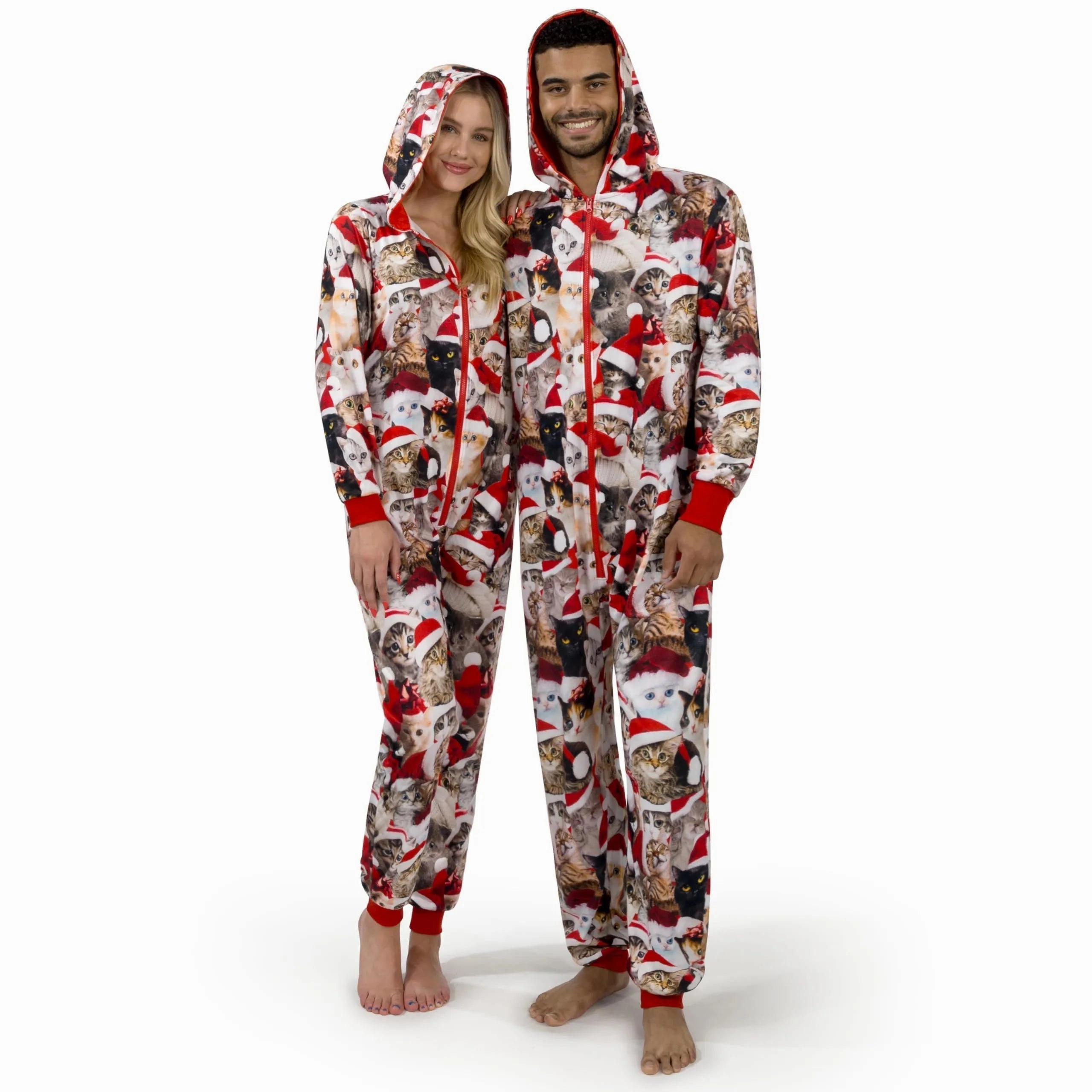 Men Cute Cat Print Christmas Hooded Pajamas, Adults Christmas Pajamas Outfits Monster Lights