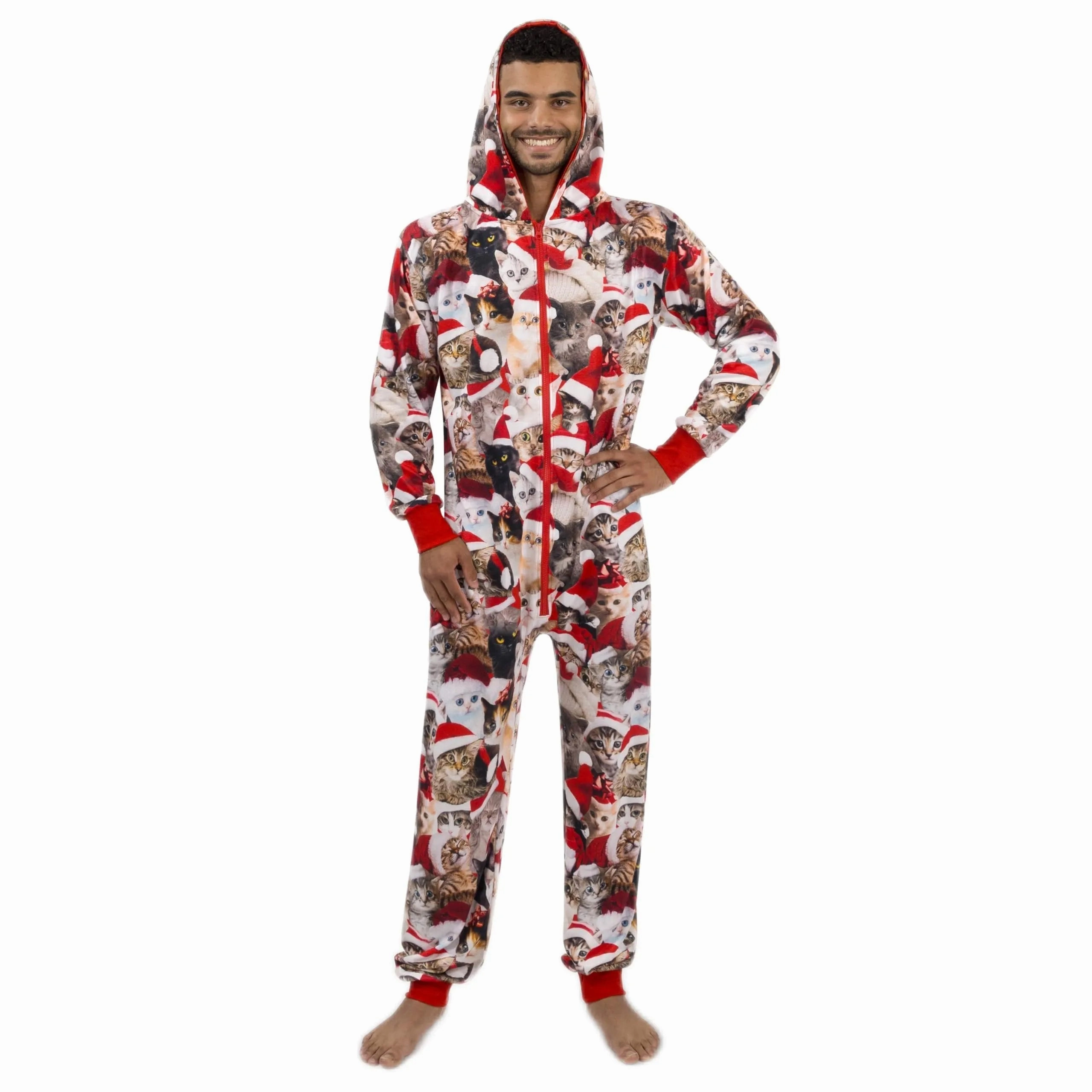 Wicked Treats Men Cute Cat Print Christmas Hooded Pajamas, Adults Christmas Pajamas Outfits