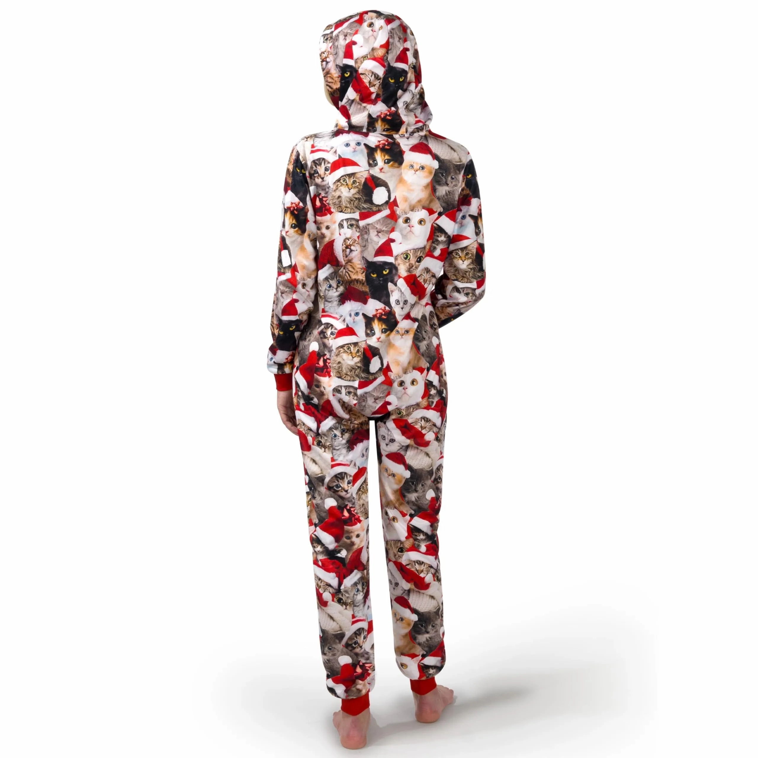 Whimsical Accessories Scary Decorations Adults Cute Cat Print Christmas Hooded Pajamas with Pockets