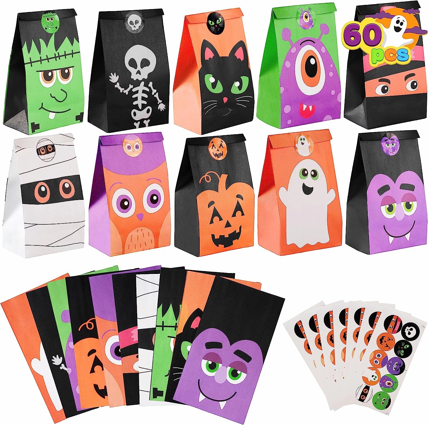 Eerie Treats Characters Kraft Paper Treat Bags, 60 Pcs