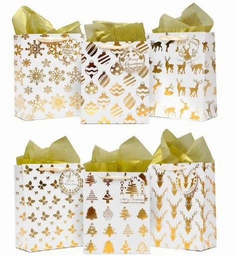 Ghoulish Ornaments Playful Designs Christmas Holiday Foil Gold Gift Bags With Tissue Papers And Name Card Tags, 12 Pack