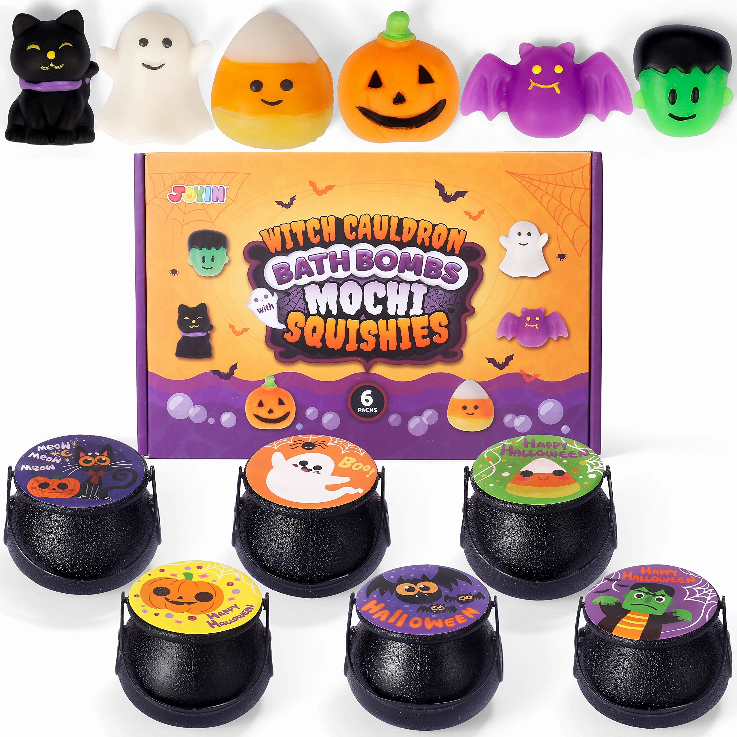 Monster Lights Halloween Witch Cauldron Bath Bomb with Mochi Squishy, 6 Pack