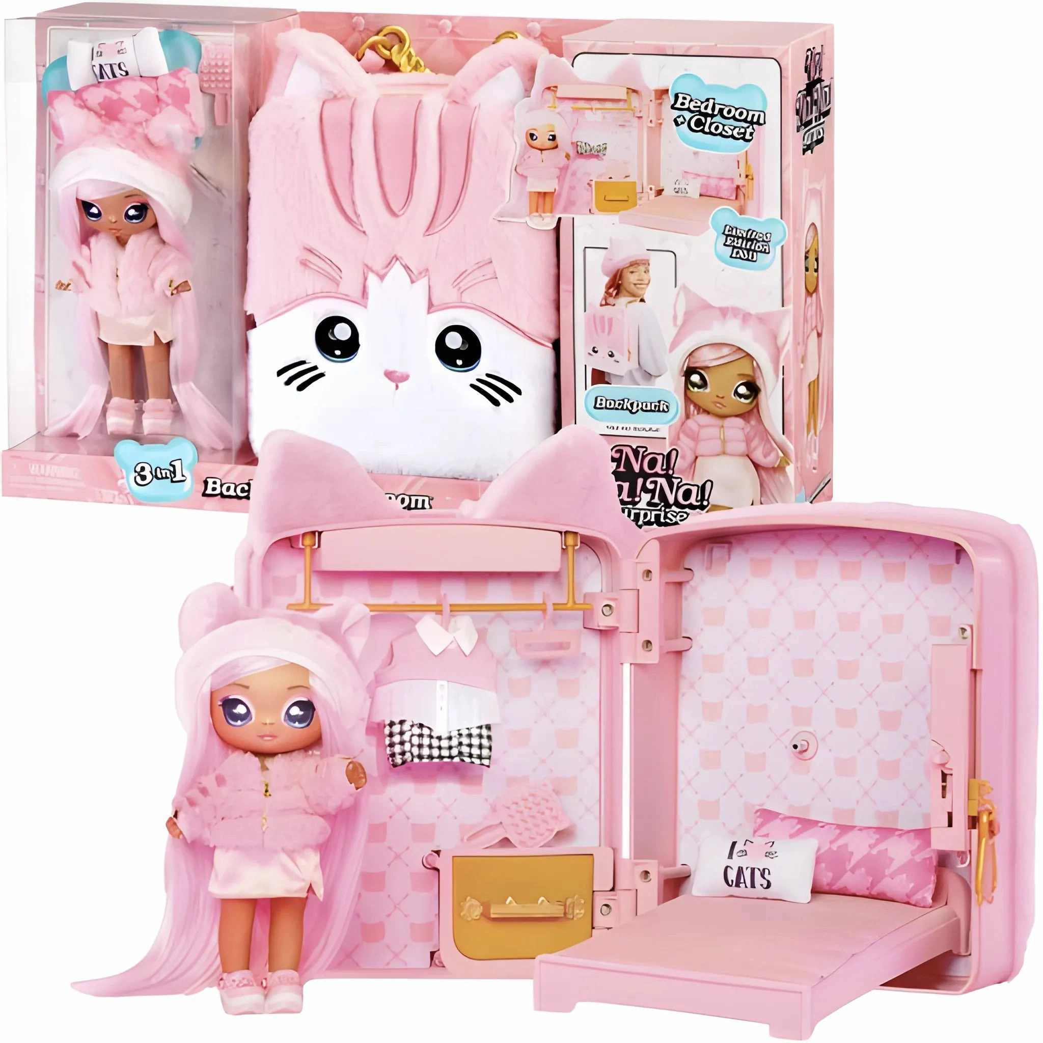 Na! Na! Na! Surprise 3-in-1 Backpack Bedroom Pink Kitty Playset Offline Mode Skill Development