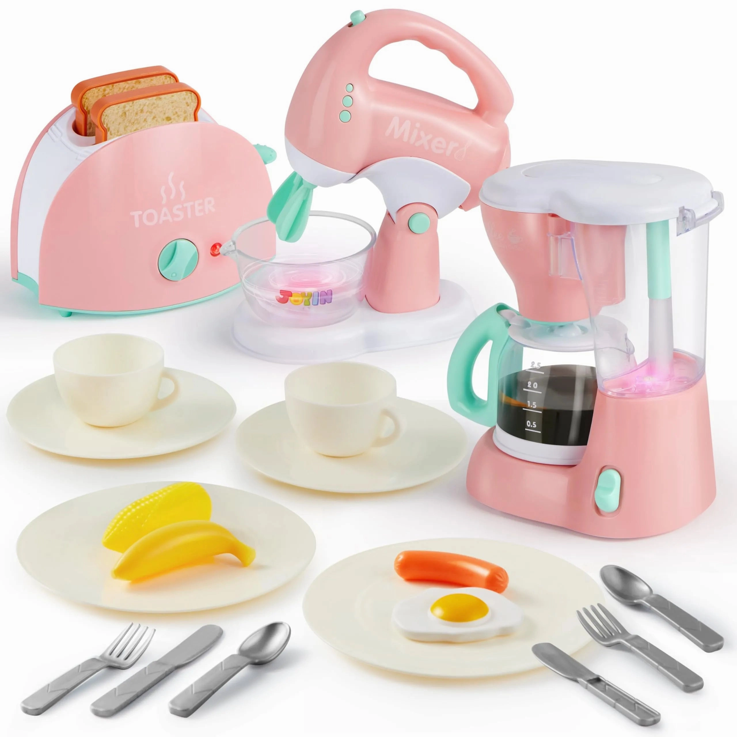 Natural Selection Pink Pretend Play Kitchen Appliances Toy Set with Coffee Maker, Mixer, Toaster