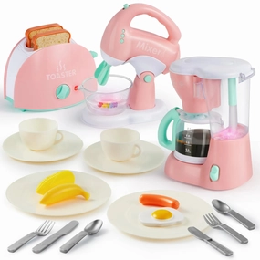 Natural Selection Pink Pretend Play Kitchen Appliances Toy Set with Coffee Maker, Mixer, Toaster