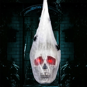 Haunted Party Halloween Animated Hanging Skulls Covered With Spider Webs
