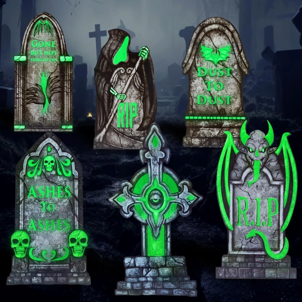 Monster Props 16in Halloween Graveyard Tombstones Fluorescent, 6 Pcs