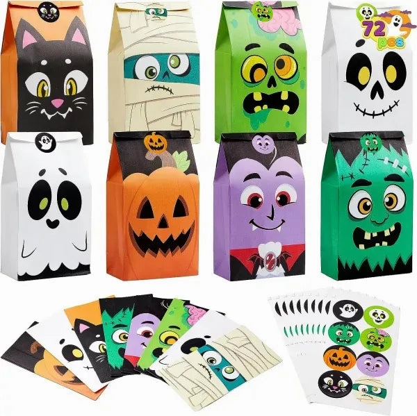 Spooky Accents Mysterious Masks 72PCS Halloween Treat Bags, 6 Styles Trick or Treat Paper Bags with Stickers, Halloween Goodie Bags for Kids