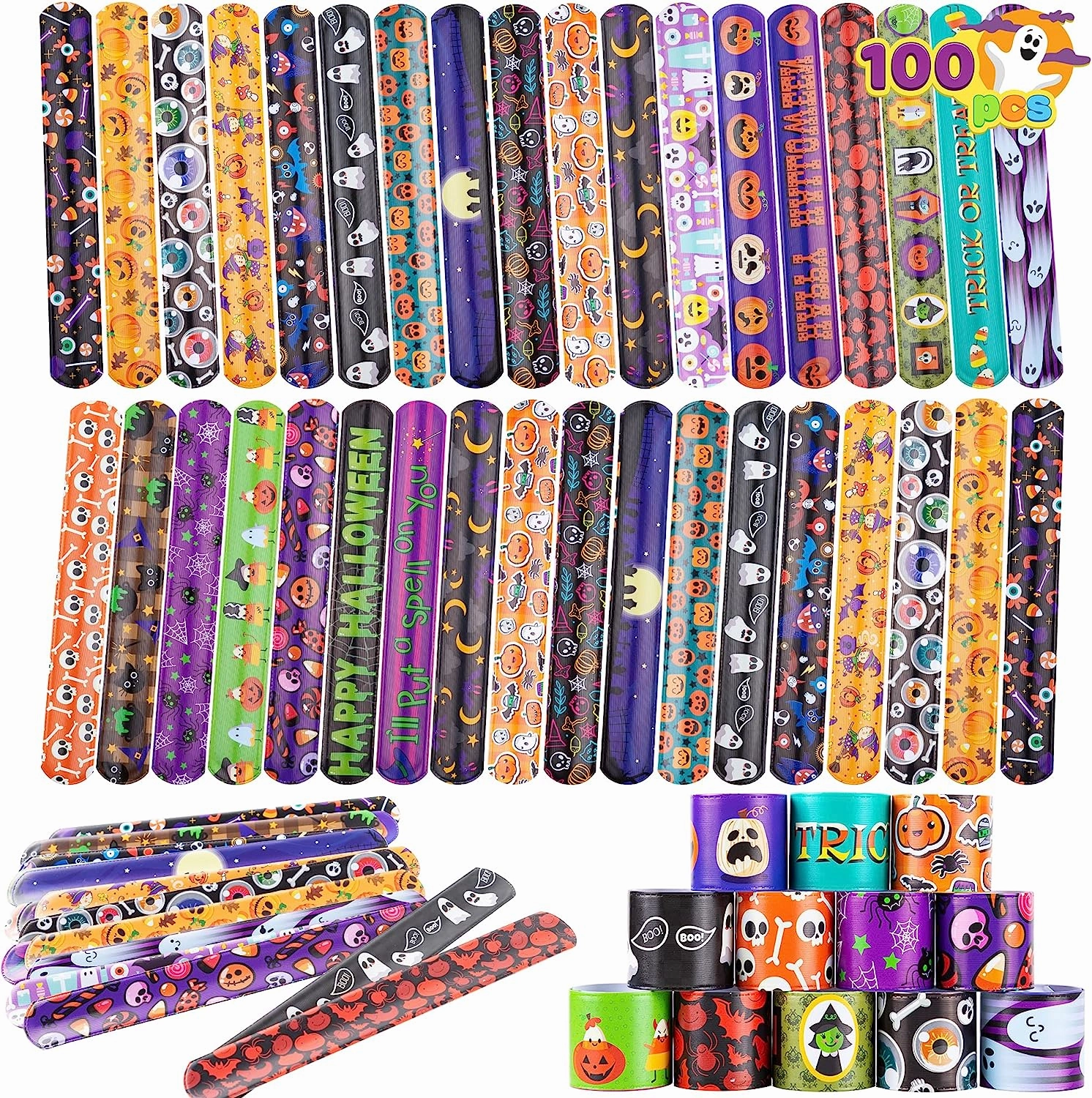 Halloween Friendship Slap Bracelet for Kids, 100 Pcs Scary Accents