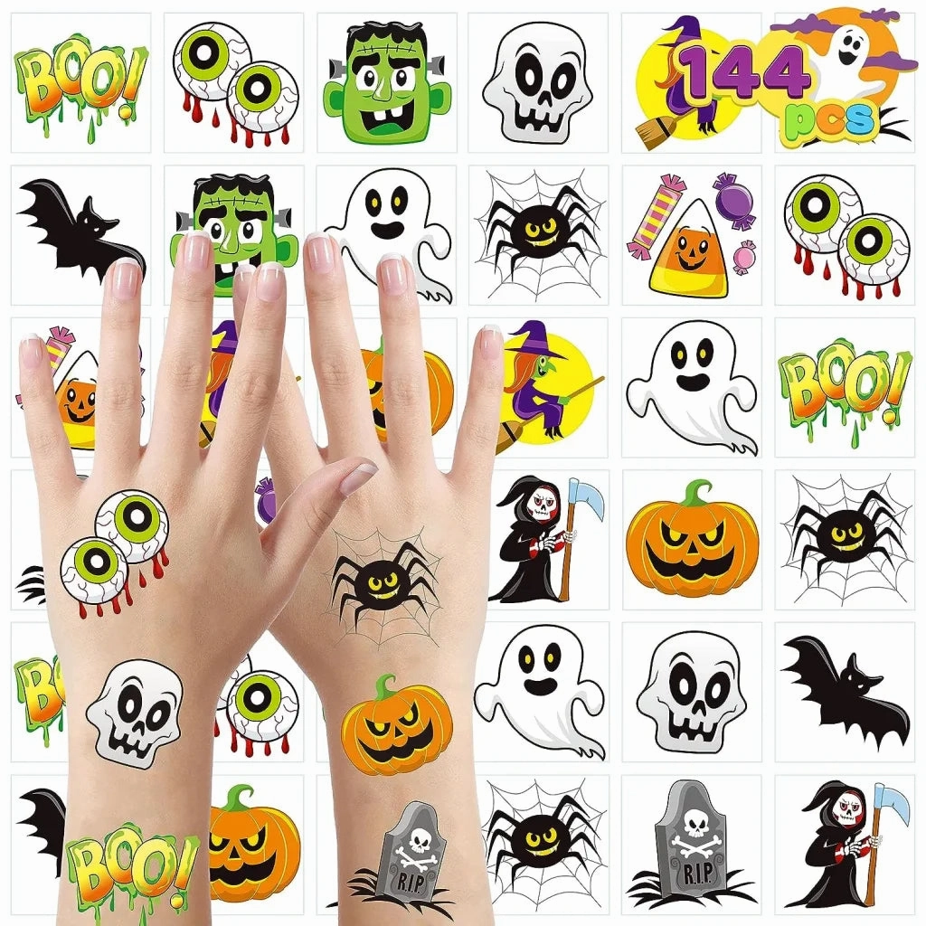 Mystical Lights Mysterious Accents 144 PCS Halloween Temporary Tattoos, 12 Designs Waterproof Fake Tattoos Stickers for Kids