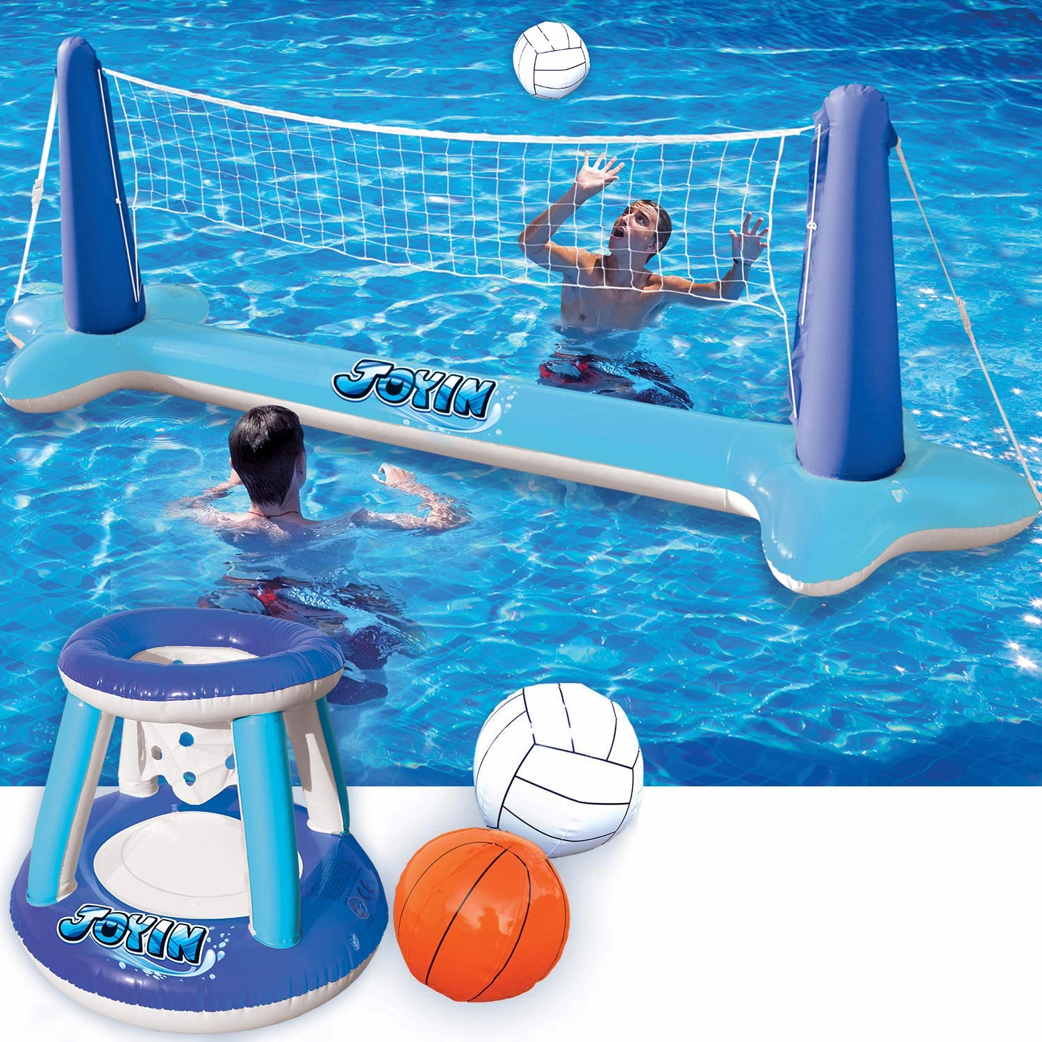 Reflex Development Item Collection SLOOSH - Inflatable Volleyball Net & Basketball Hoops Pool Float Set, Blue