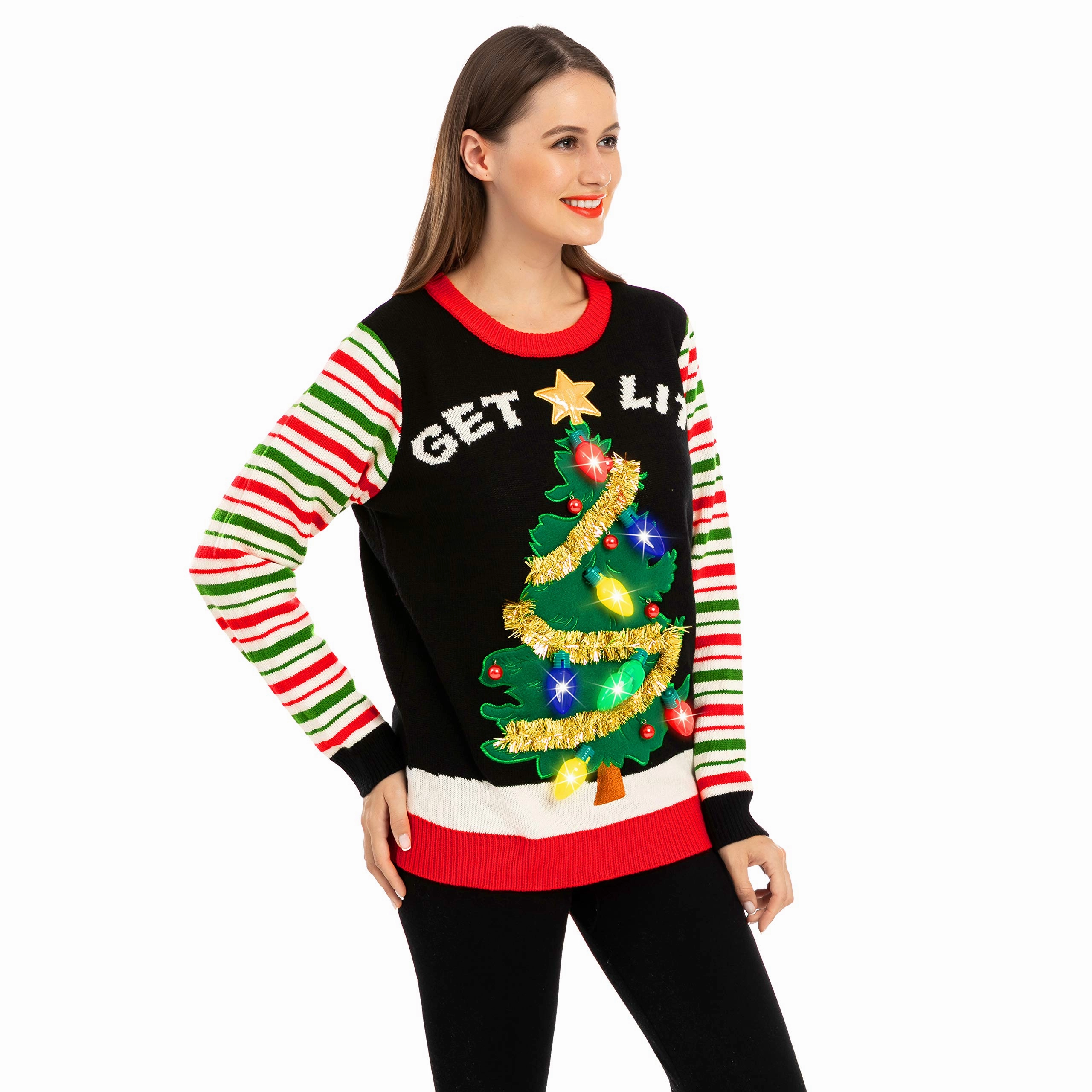 Frightening Accents Enchanting Lights Get lit Christmas Tree ugly sweater with Light Bulbs (Women)