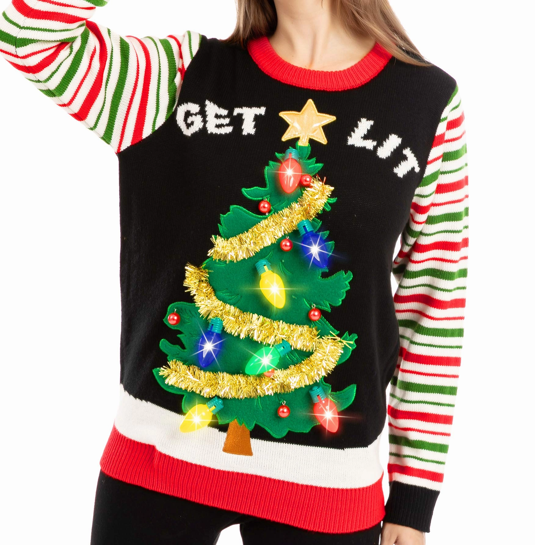 Get lit Christmas Tree ugly sweater with Light Bulbs (Women) Charming Displays