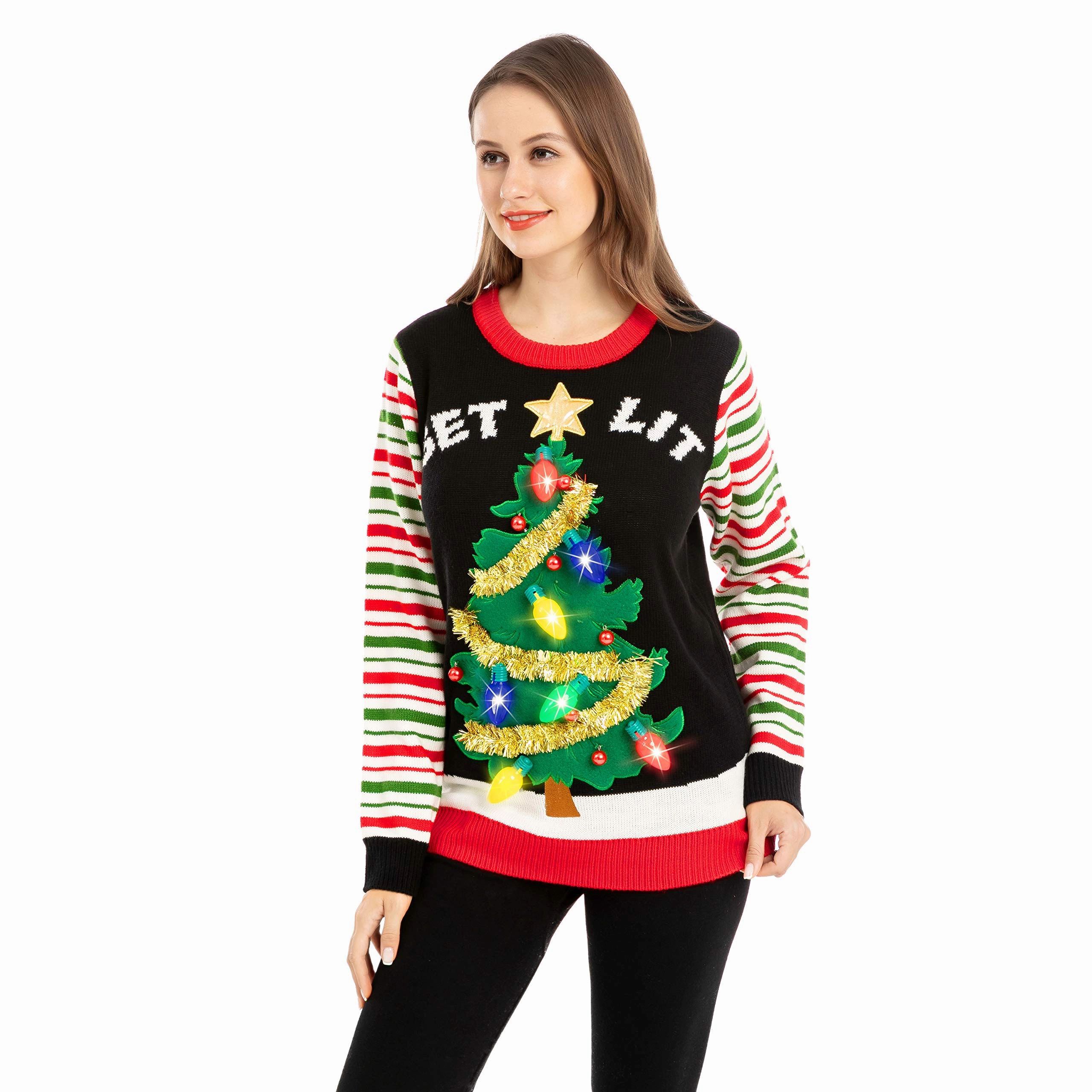 Spooky Designs Get lit Christmas Tree ugly sweater with Light Bulbs (Women)