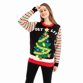 Get lit Christmas Tree ugly sweater with Light Bulbs (Women) Mystical Party Wicked Supplies