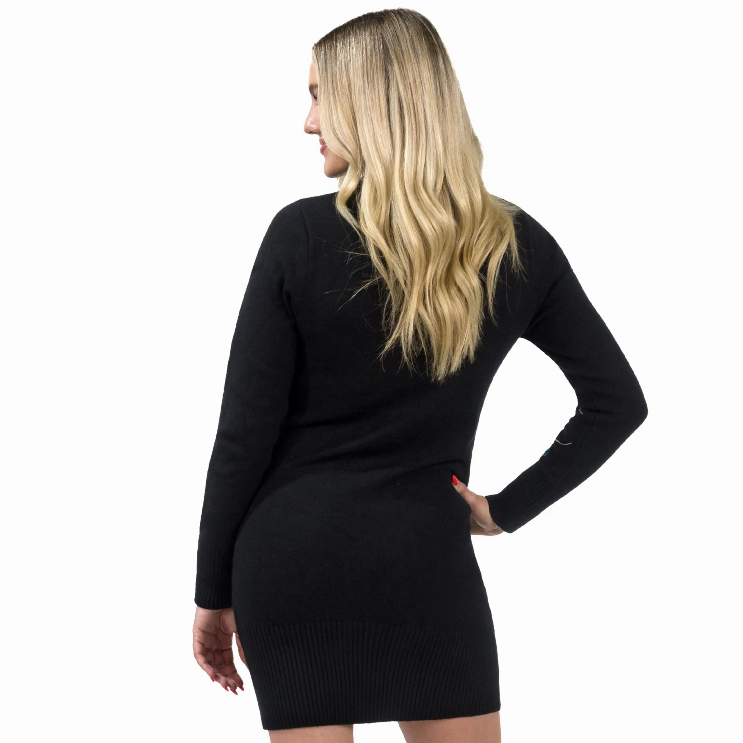 Wicked Designs Ghostly Treats Women Black Long Christmas Sweater Dress with Colorful Light Up Bulbs