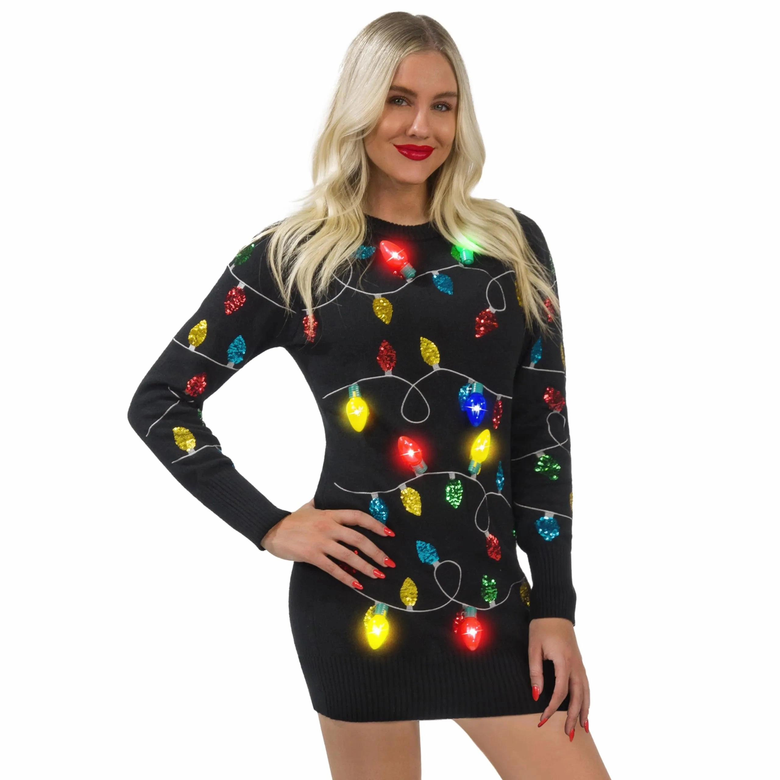 Women Black Long Christmas Sweater Dress with Colorful Light Up Bulbs Ghoulish Ornaments