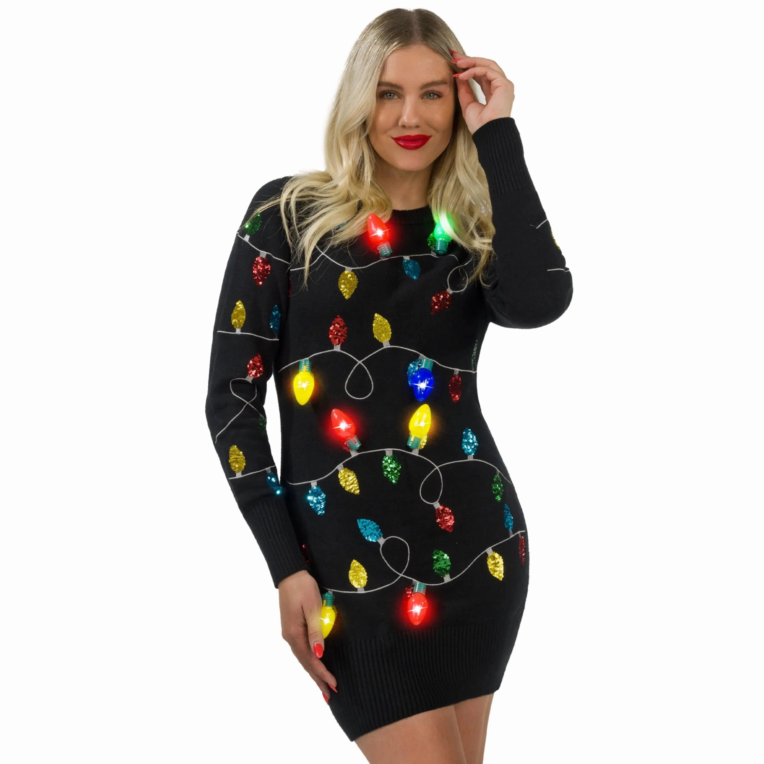 Women Black Long Christmas Sweater Dress with Colorful Light Up Bulbs Monster Decor Haunted Designs
