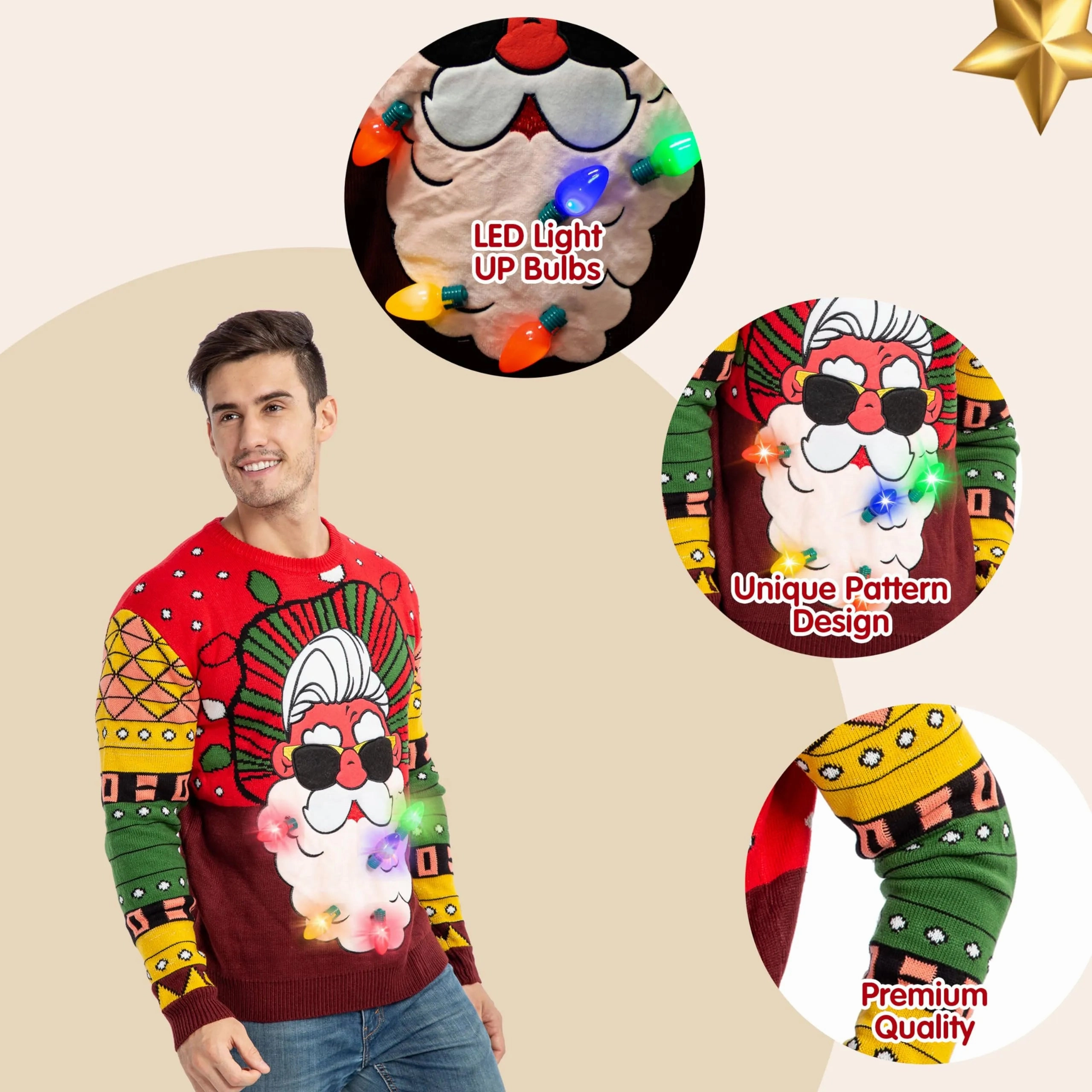 Christmas Sweaters Santa Ugly Sweater with Light Bulbs Wicked Party Frightening Designs