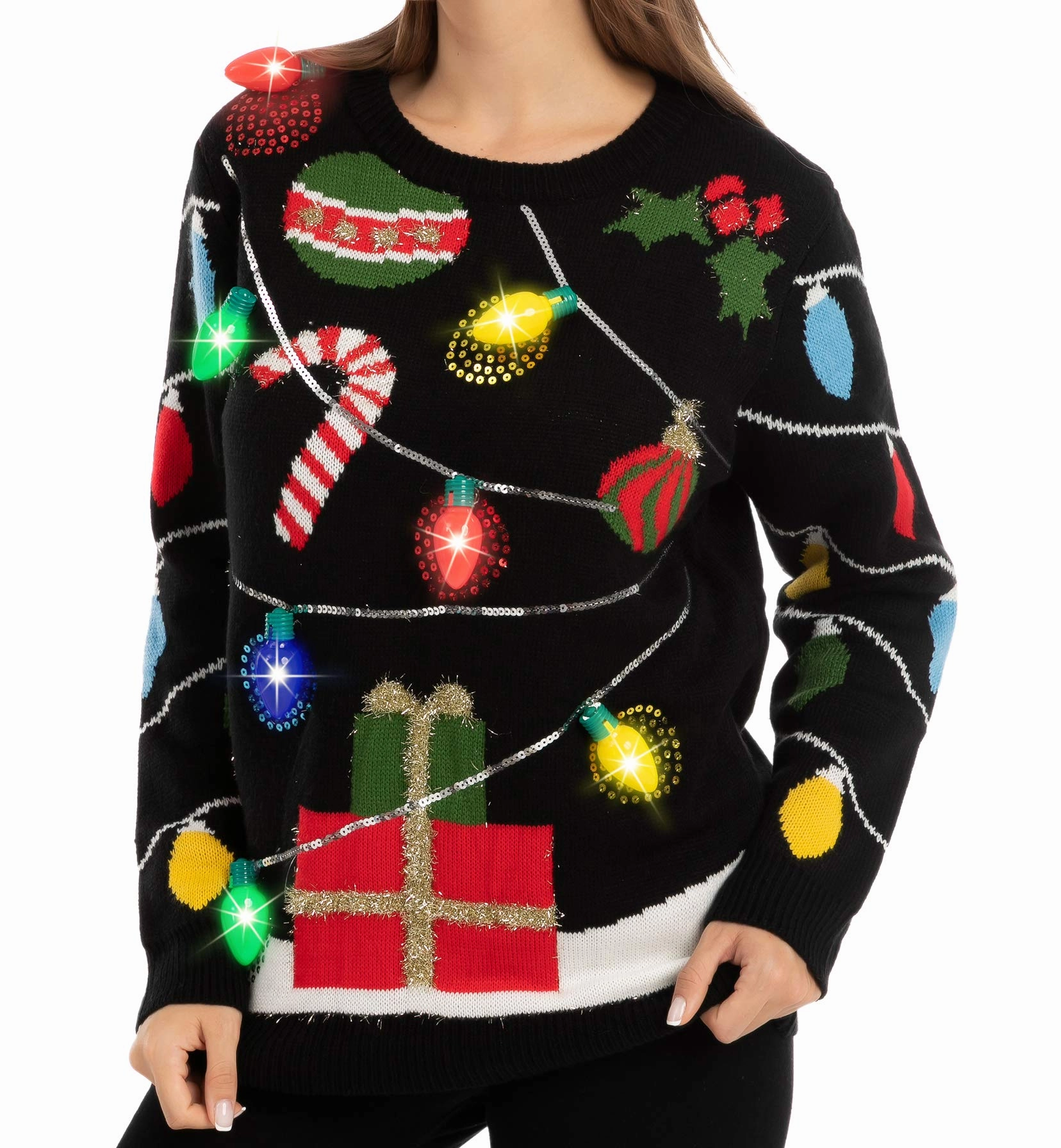 Ghoulish Treats String lights ugly sweater with light bulbs (Women)