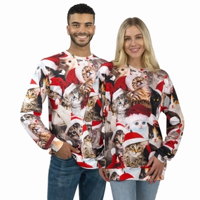 Playful Decorations Unisex Loose Christmas Sweatshirt, Cute Kitten Pullover Ugly Christmas Sweater