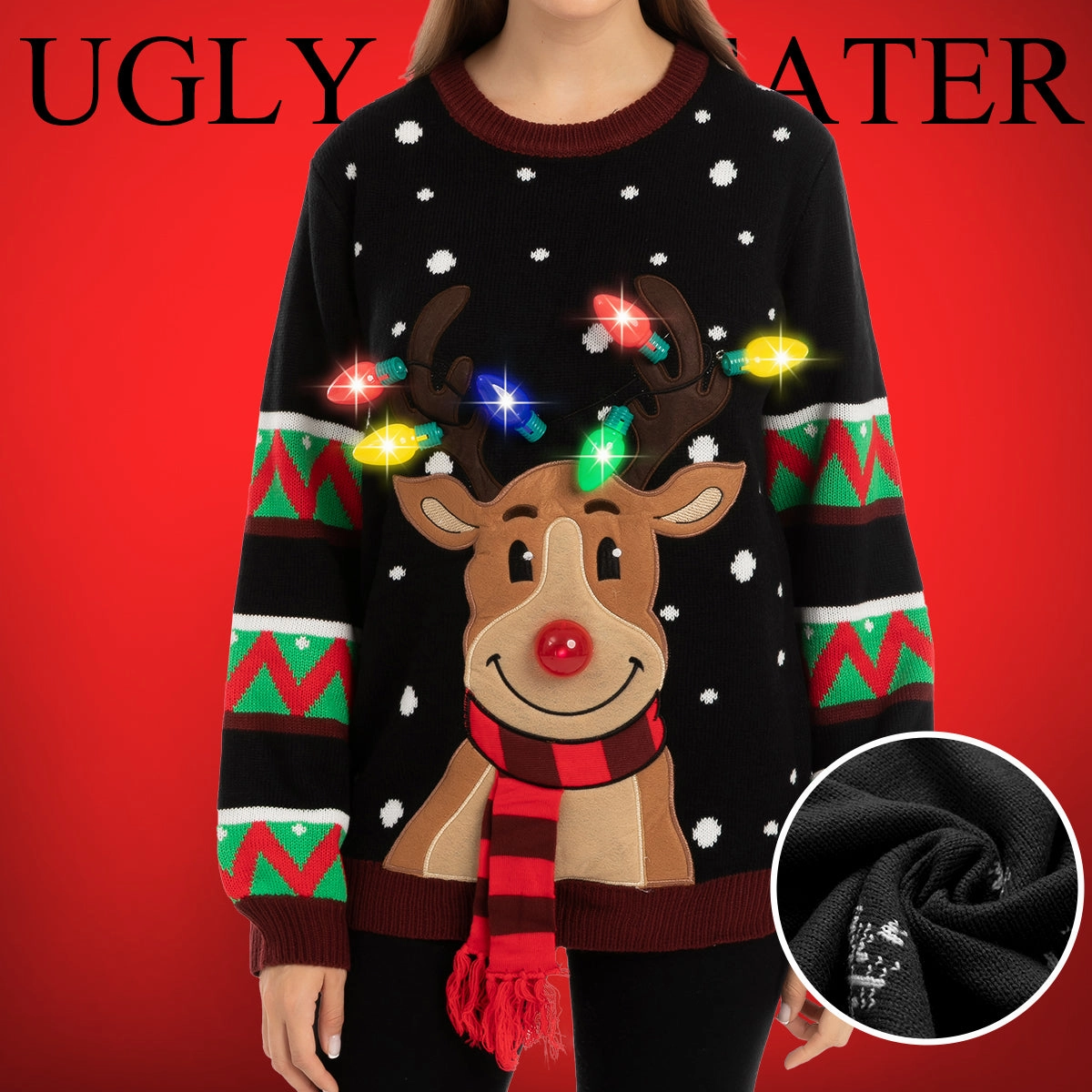 Creepy Crafts Fantastic Accents Black Color Reindeer Ugly Sweater with Light Bulbs