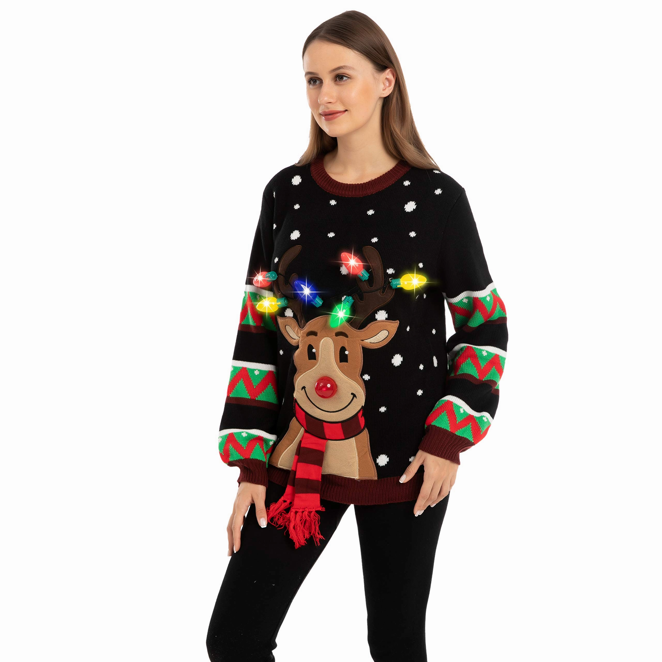 Enchanting Figures E Ornaments Black Color Reindeer Ugly Sweater with Light Bulbs