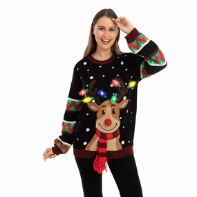 Wicked Party Black Color Reindeer Ugly Sweater with Light Bulbs