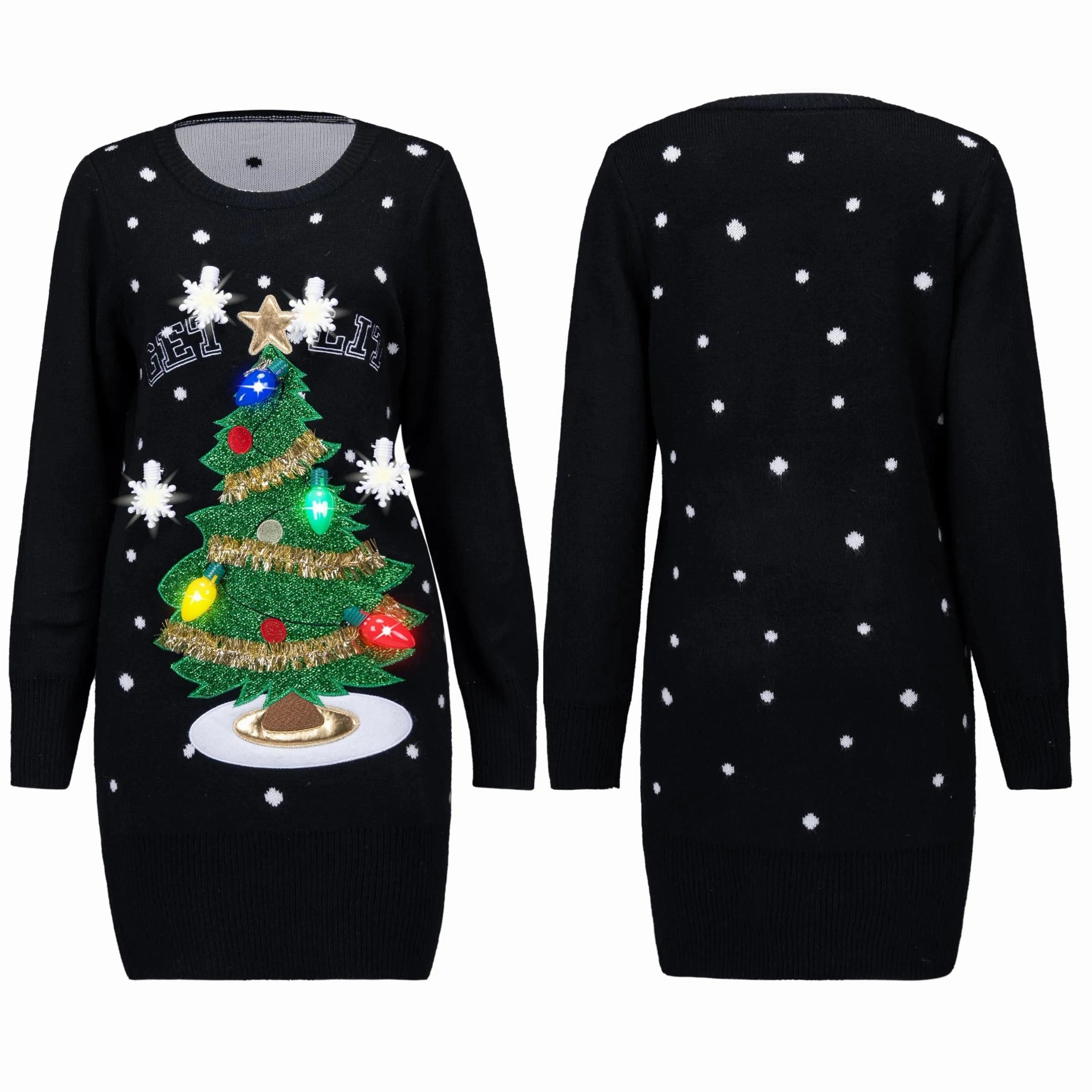 Mysterious Accents Monster Decorations Woman Ugly Sweater Dress with 3D Christmas Tree and Novelty Light