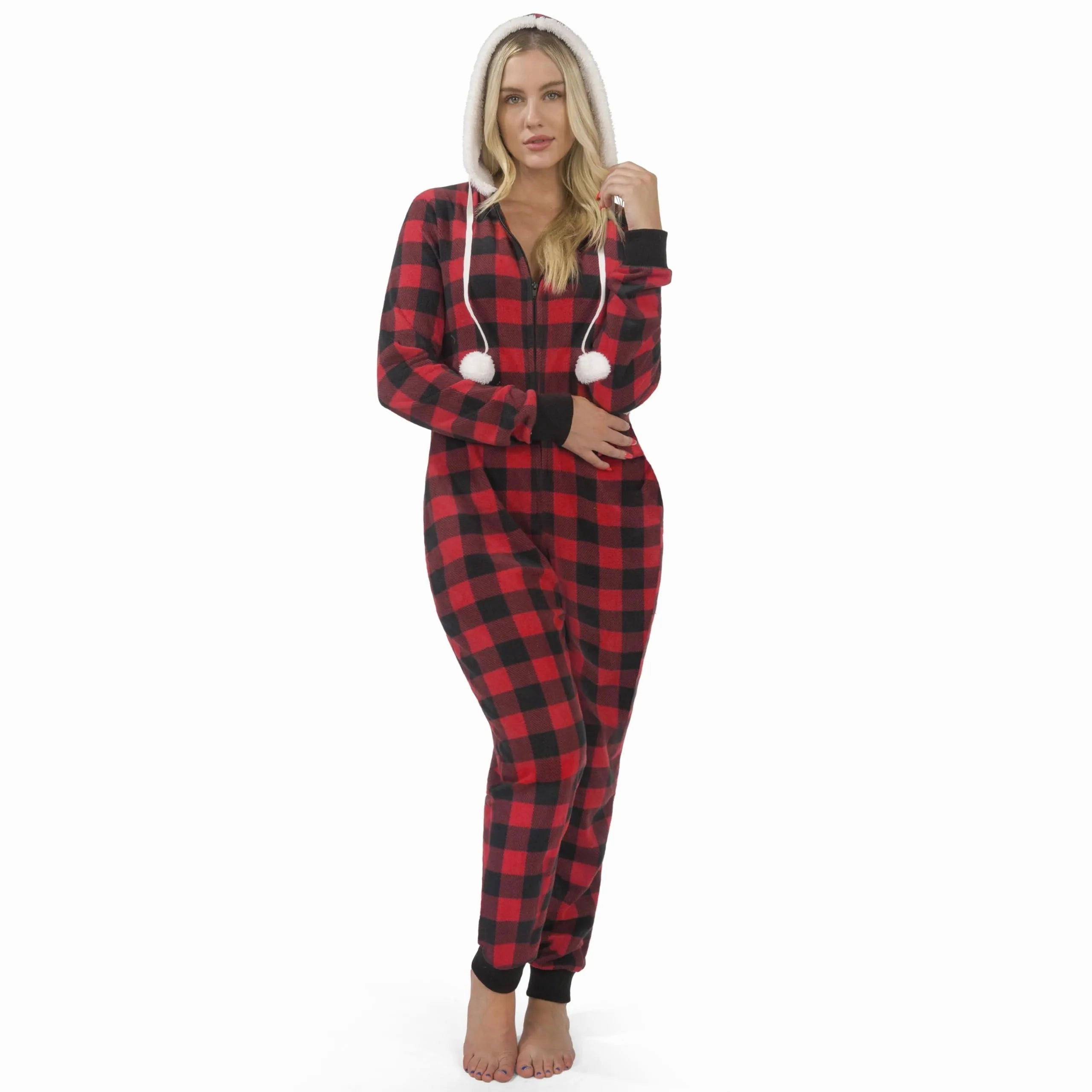 Ghostly Party Creepy Props Women Red Plaid Pajamas Outfit with Hood, Flannel Sherpa Lined Hoody Pajamas