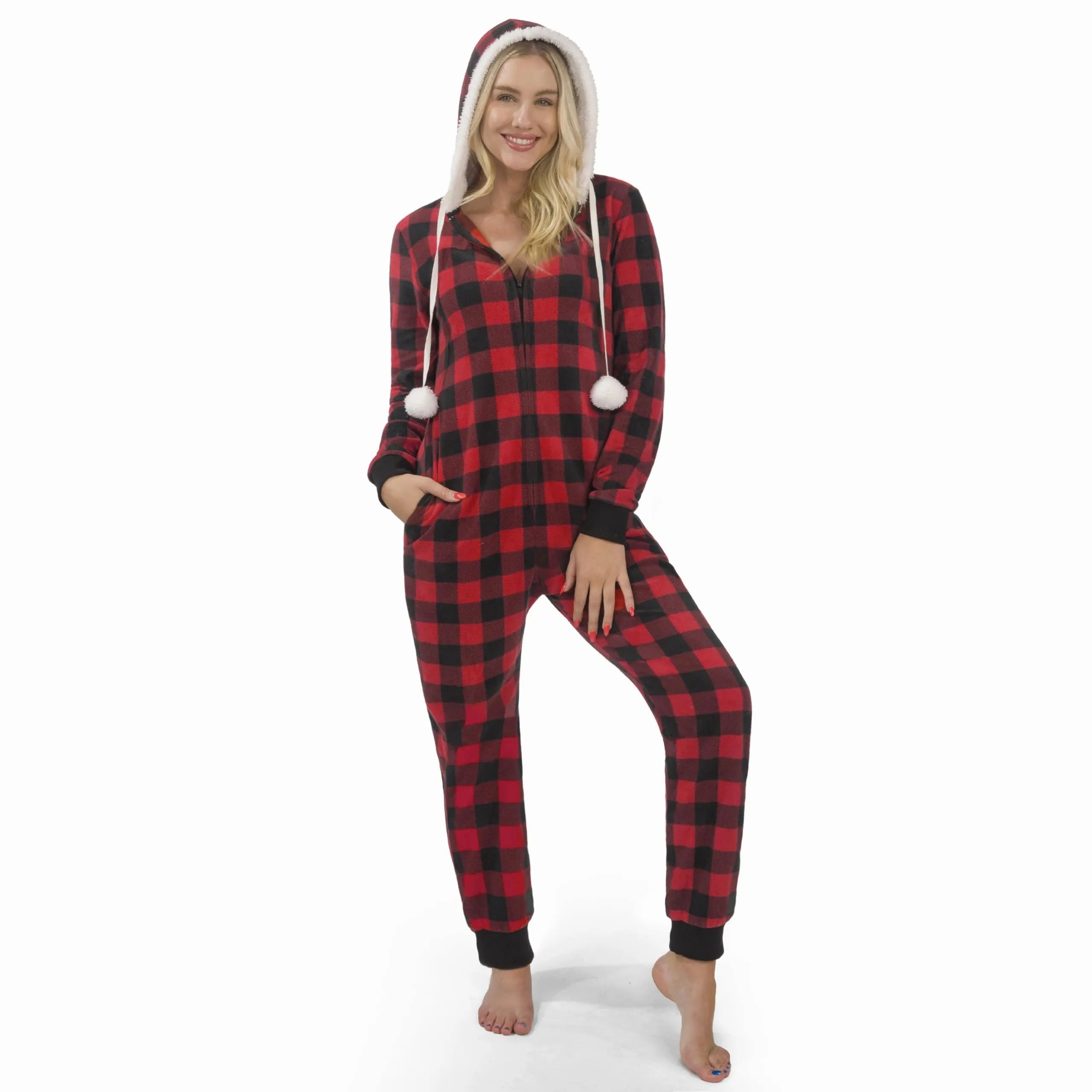 Women Red Plaid Pajamas Outfit with Hood, Flannel Sherpa Lined Hoody Pajamas Monster Treats Ghostly Accents