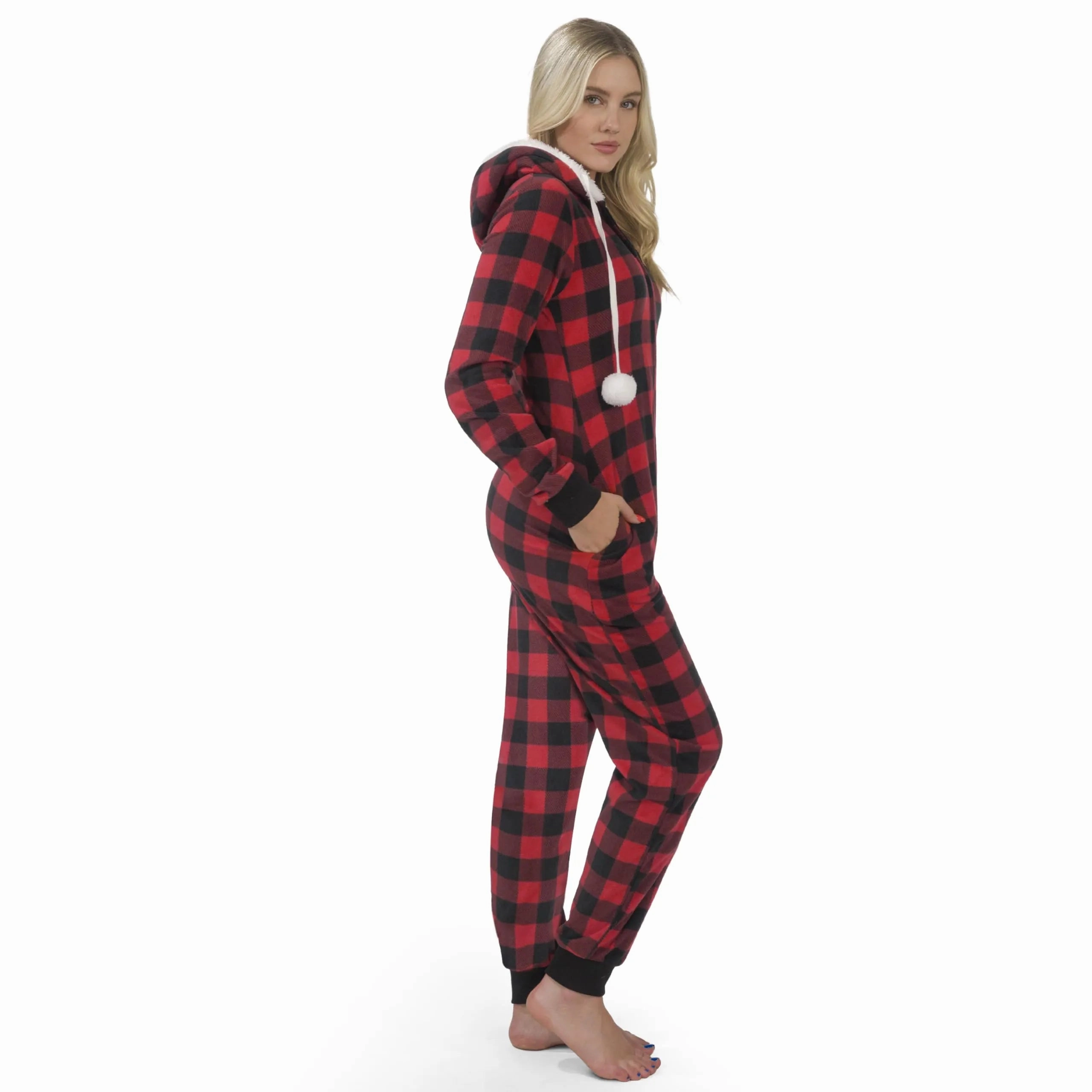 Eerie Accents Women Red Plaid Pajamas Outfit with Hood, Flannel Sherpa Lined Hoody Pajamas