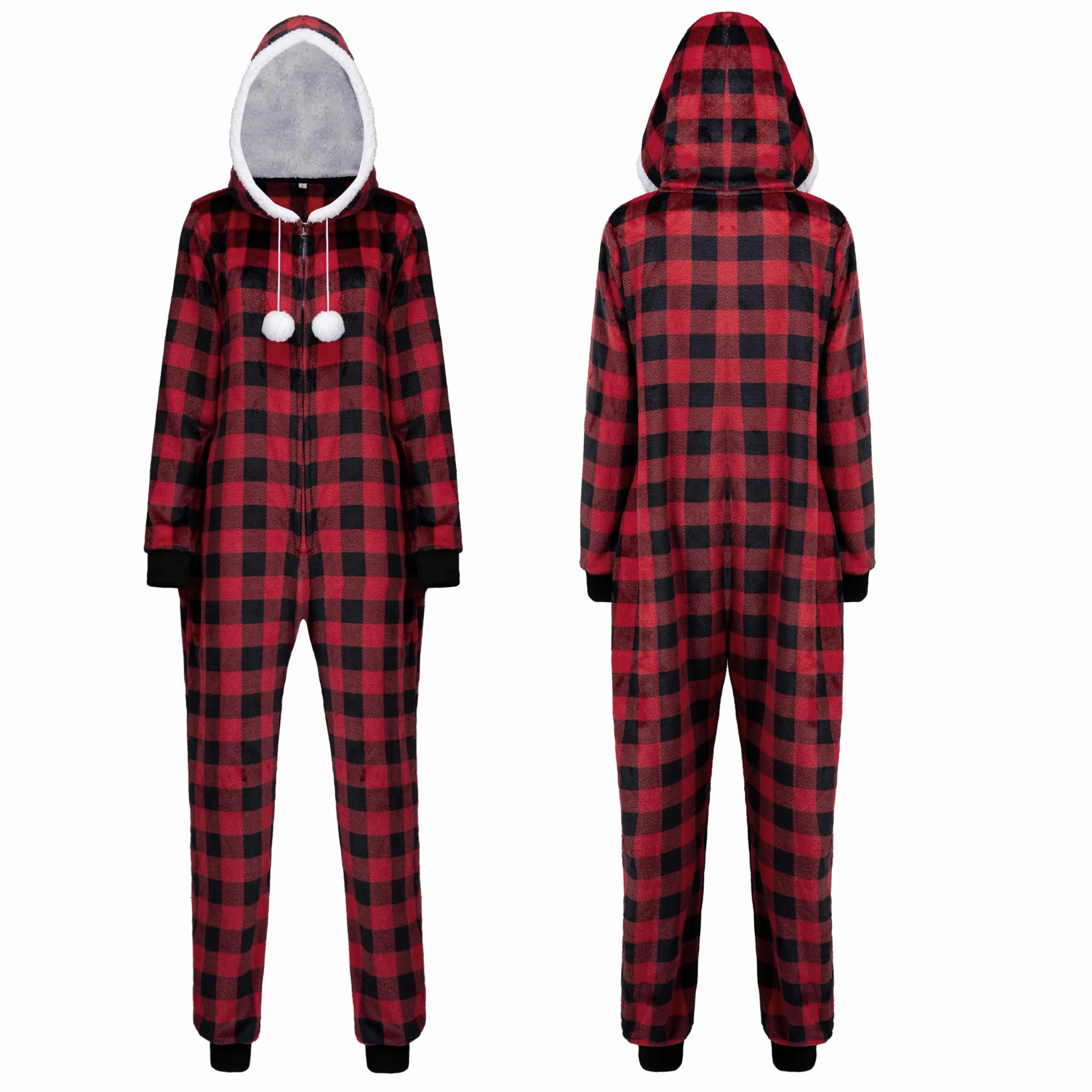 Scary Crafts Charming Lights Women Red Plaid Pajamas Outfit with Hood, Flannel Sherpa Lined Hoody Pajamas
